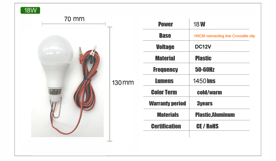 DC12V 18W LED 電球型 ライト ランタン (白色) 1.1ｍコード付 アウトドア・夜釣り・キャンプ・夜店・夜間作業等に！！ ★送料220円~★の画像6