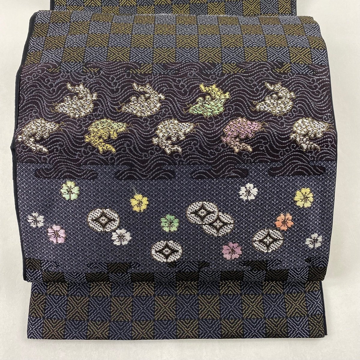 日本未入荷 箔 七宝 荒磯 名品 美品 袋帯 青灰色 【中古】 正絹 全通