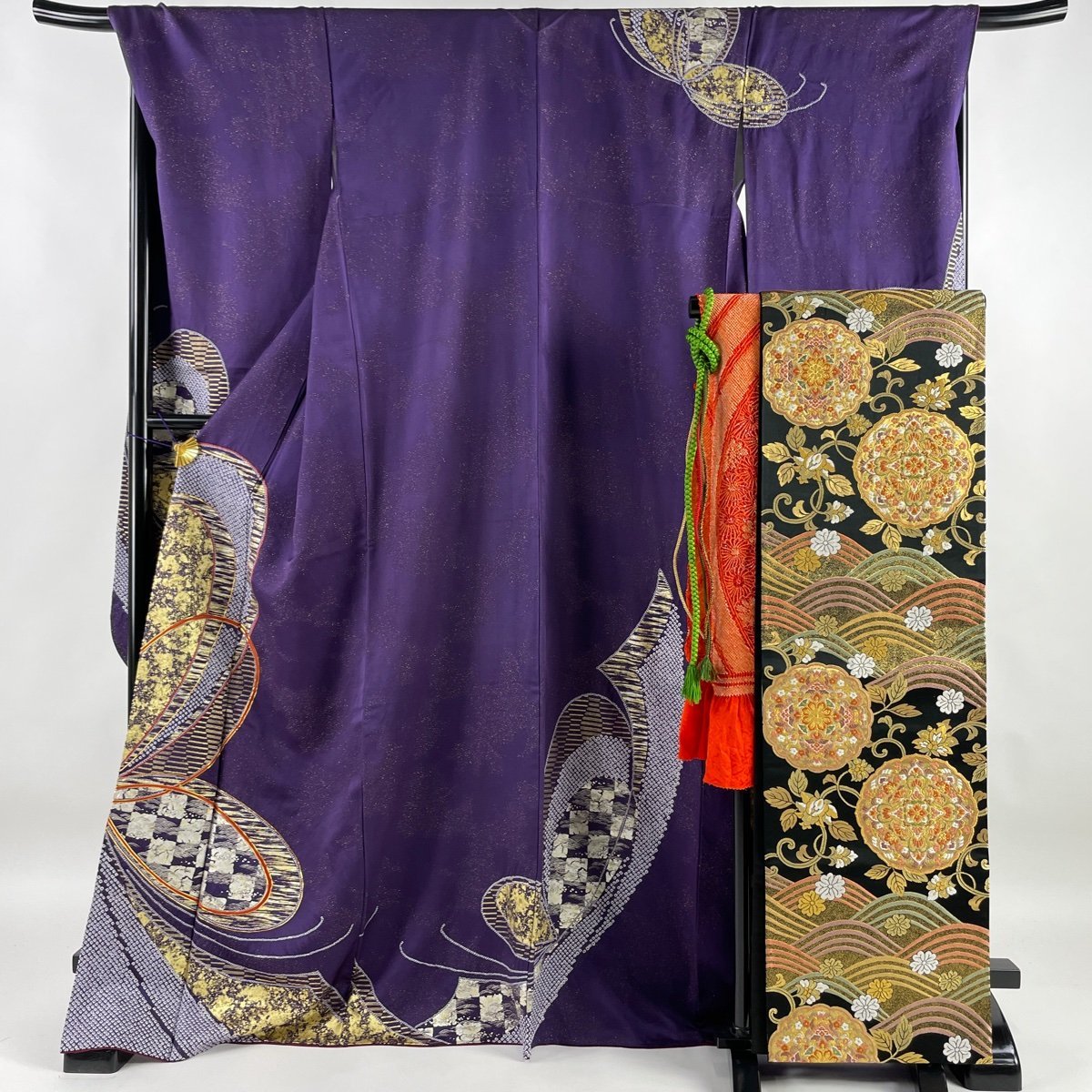 振袖 身丈169.5cm 裄丈70.5cm L 袷 袋帯フルセット 蝶 波頭 金通し 絞り 紫 正絹 美品 秀品