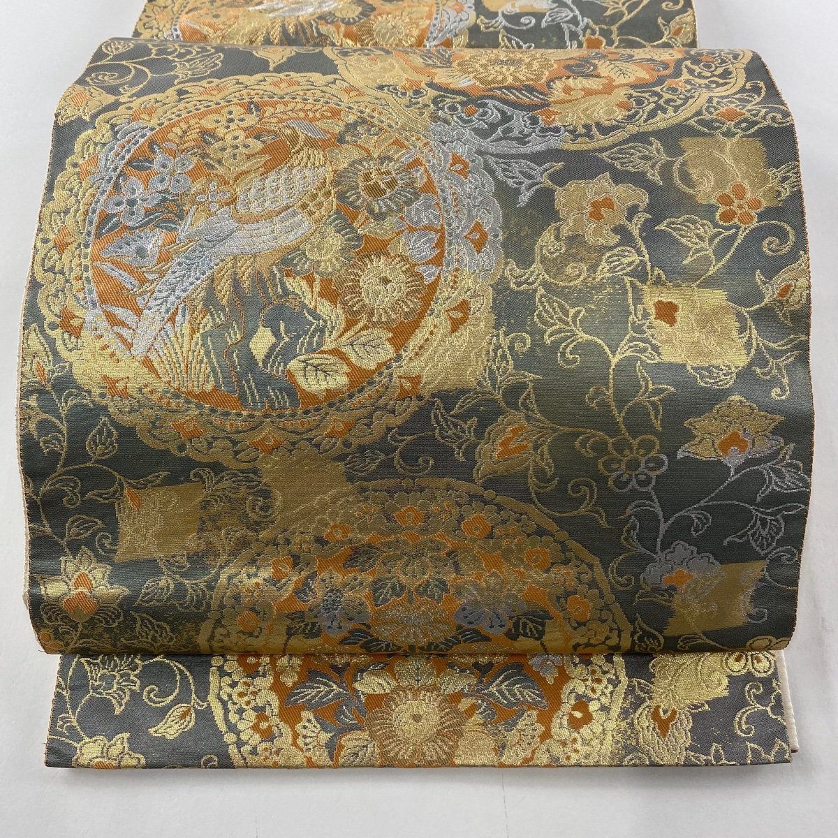 高質で安価 秀品 美品 袋帯 落款 【中古】 正絹 六通 墨色 箔 鳥 草花