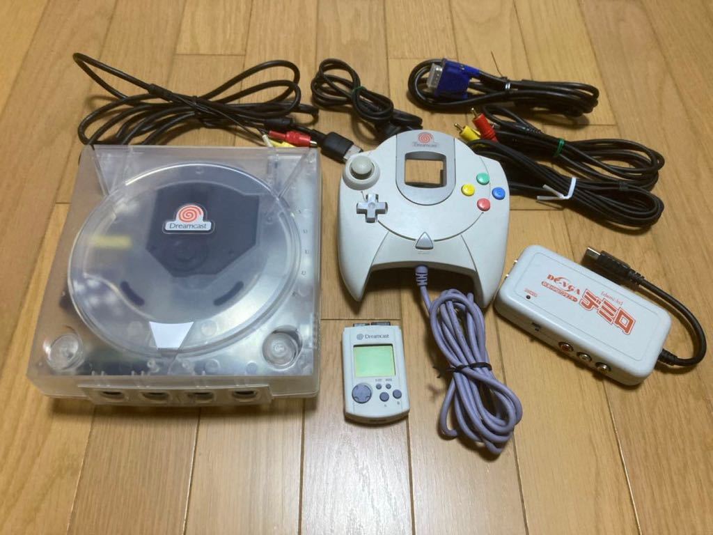 SEGA HKT-3000 ドリームキャスト本体改造品 社外品クリアーケース換装仕様&VGAアダプター/付属品一式 動作確認済み 中古品セット_中古品　現状渡しです