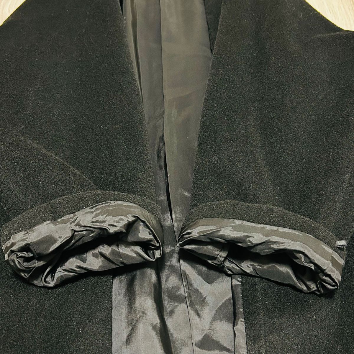 【希少】最高級　カシミア100% ノーカラーコート ロングコート L ブラック 黒 ウール　ガウンコート　cashmere