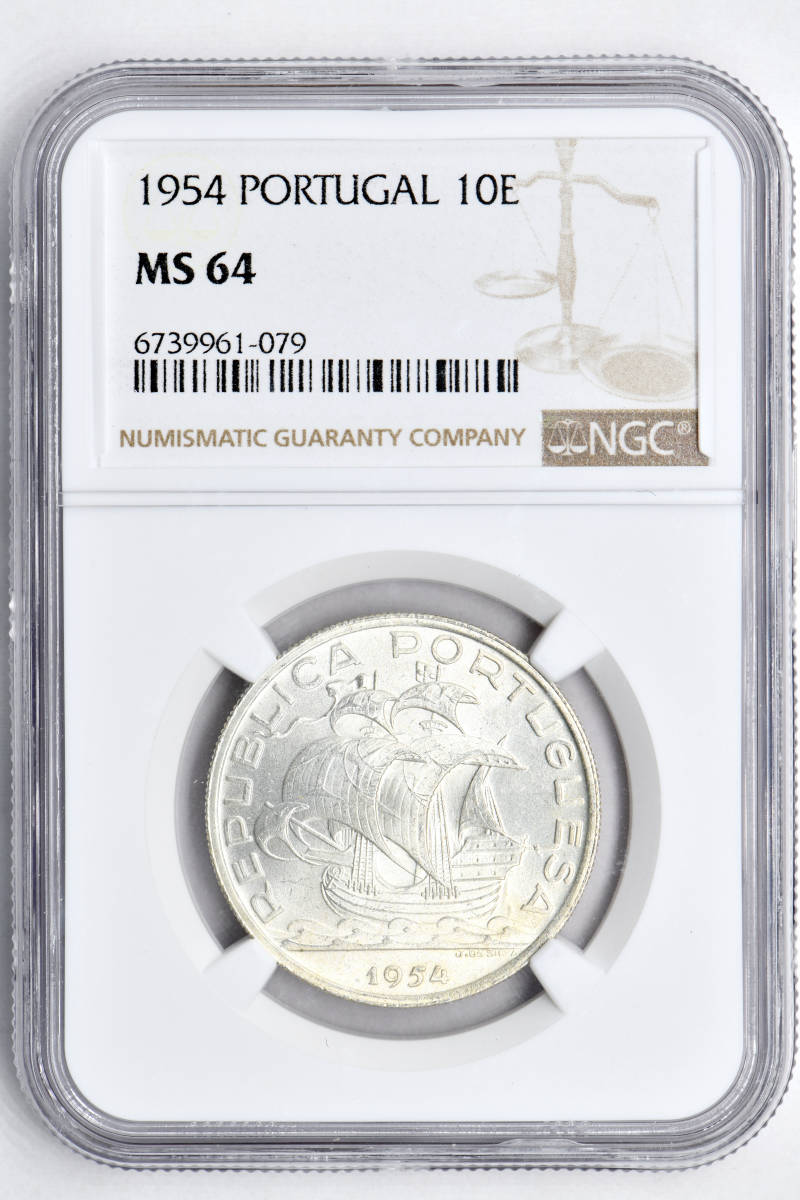 1円〜1954 ポルトガル 10E銀貨 NGC MS64 未使用+ 世界コイン 古銭 貨幣 硬貨 銀貨 金貨 銅貨_画像3