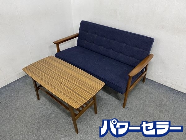 karimoku/カリモク60 Kチェア 2シーター タープブルー ラバートリー 二人掛けソファ センターテーブルセット 中古家具 店頭引取歓迎 R7768_画像1