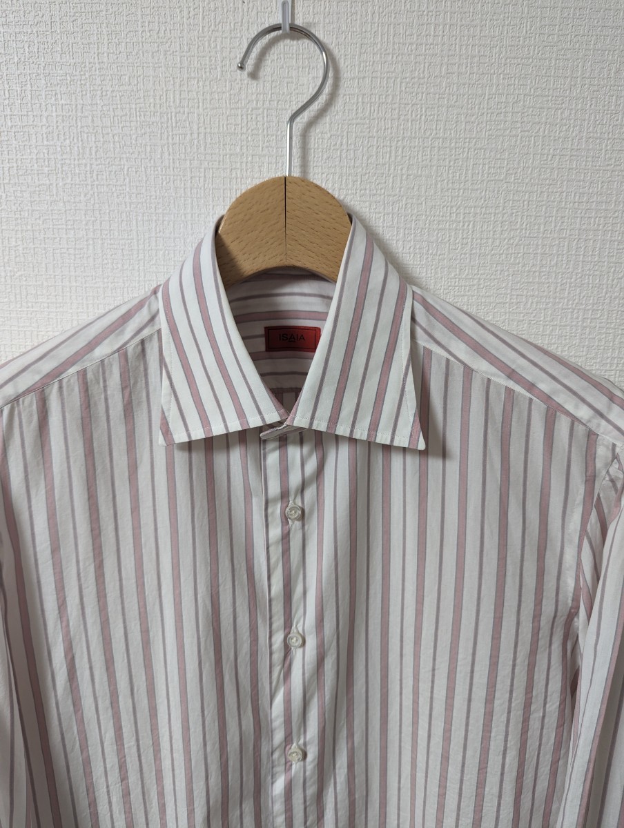 美品　ISAIA　イザイア　シャツ　ドレスシャツ　39　ピンク　ストライプ　ワイド　ブロード生地　イタリア製_画像1