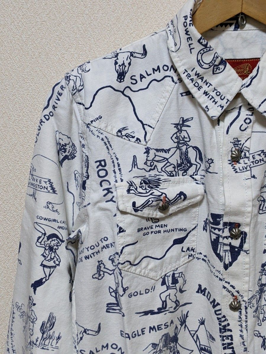 インディアンモトサイクル　手描き風長袖シャツ 　ウエスタンシャツ　 