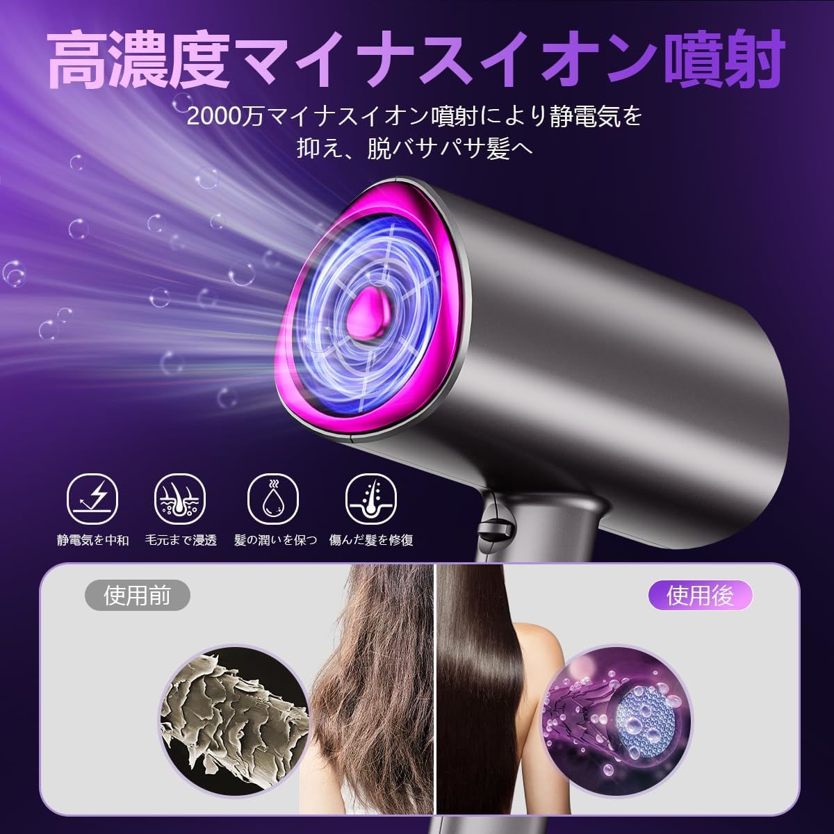 ドライヤー 大風量 速乾 1400W 【2023年秋冬限定】 ヘアドライヤー 人気 ランキング 3段階調整可能 温冷風切替 57℃恒温_画像6