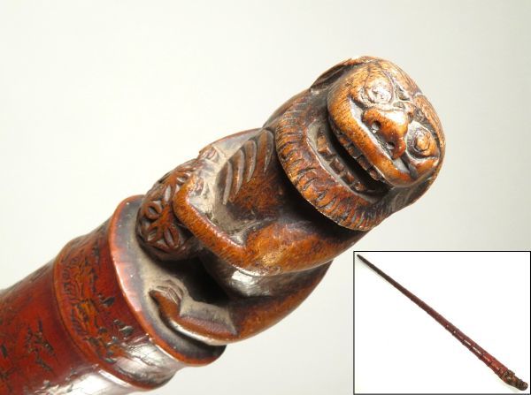【5850】中国美術　竹根　獅子彫　杖（初品・買取品）