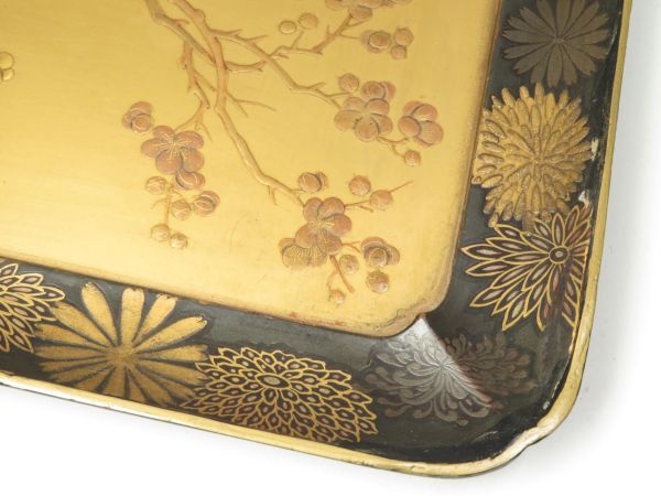 [5891]. tea utensils Meiji period flowers and birds map crane . Sakura era lacqering . tray ( the first goods * purchase goods )