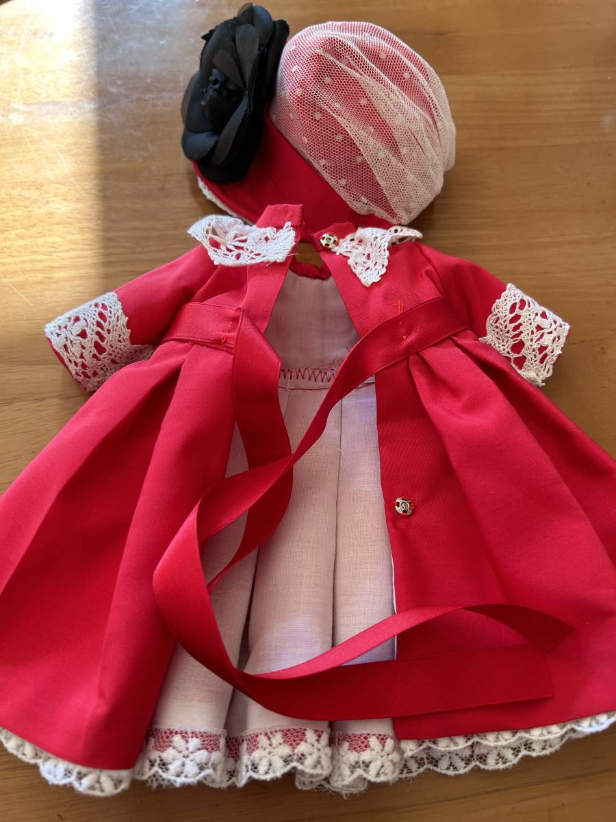 赤 シルク生地ドレス ボンネットセット アンティークレース 30cm 