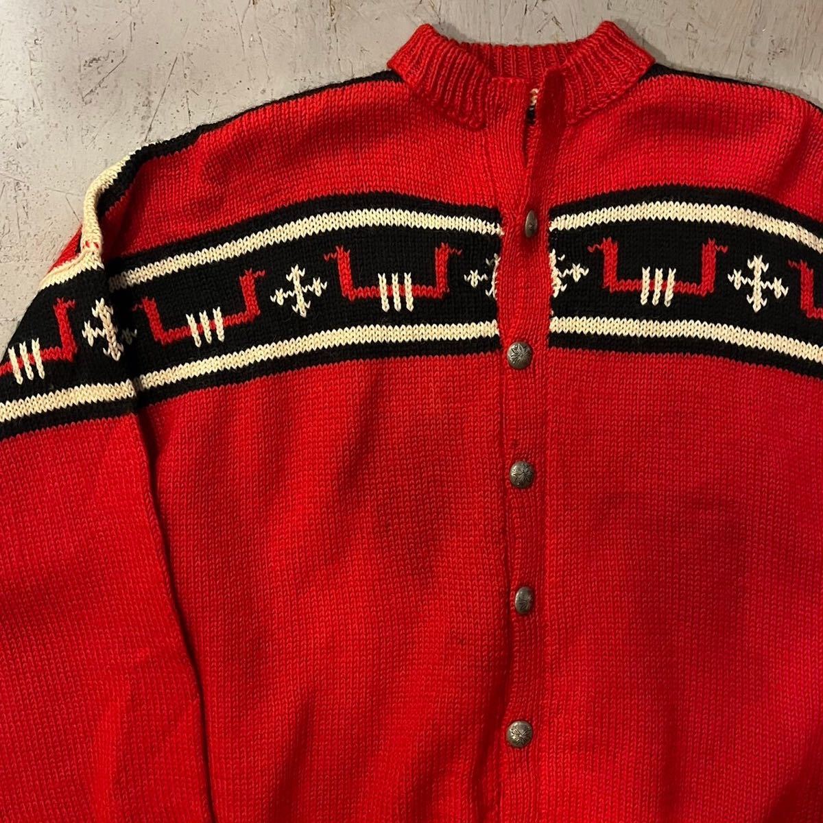  Vintage 60s alpaca nordic pattern cardigan M degree wool red hand knitted Conti . metal button couch n sweater 50s 70s