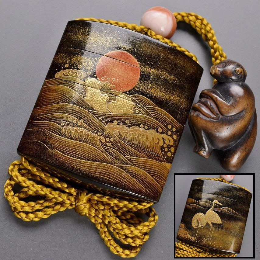 古美術品時代波鶴蒔絵木彫根付印籠箱付提げ物-印籠(小藥盒)–日本 古美術品時代波鶴蒔絵木彫根付印籠箱付提げ物-印籠(小藥盒)–日本