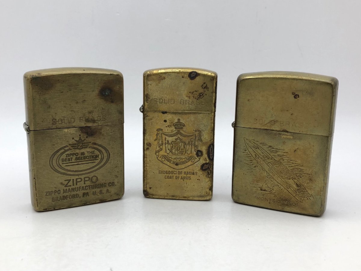 1円～/ZIPPO/ジッポー/SOLID BRASS/ゴールドカラー/3点セット/まとめ/ライター/煙草/喫煙具/喫煙グッズ/コレクション/ジャンク/T225_画像1