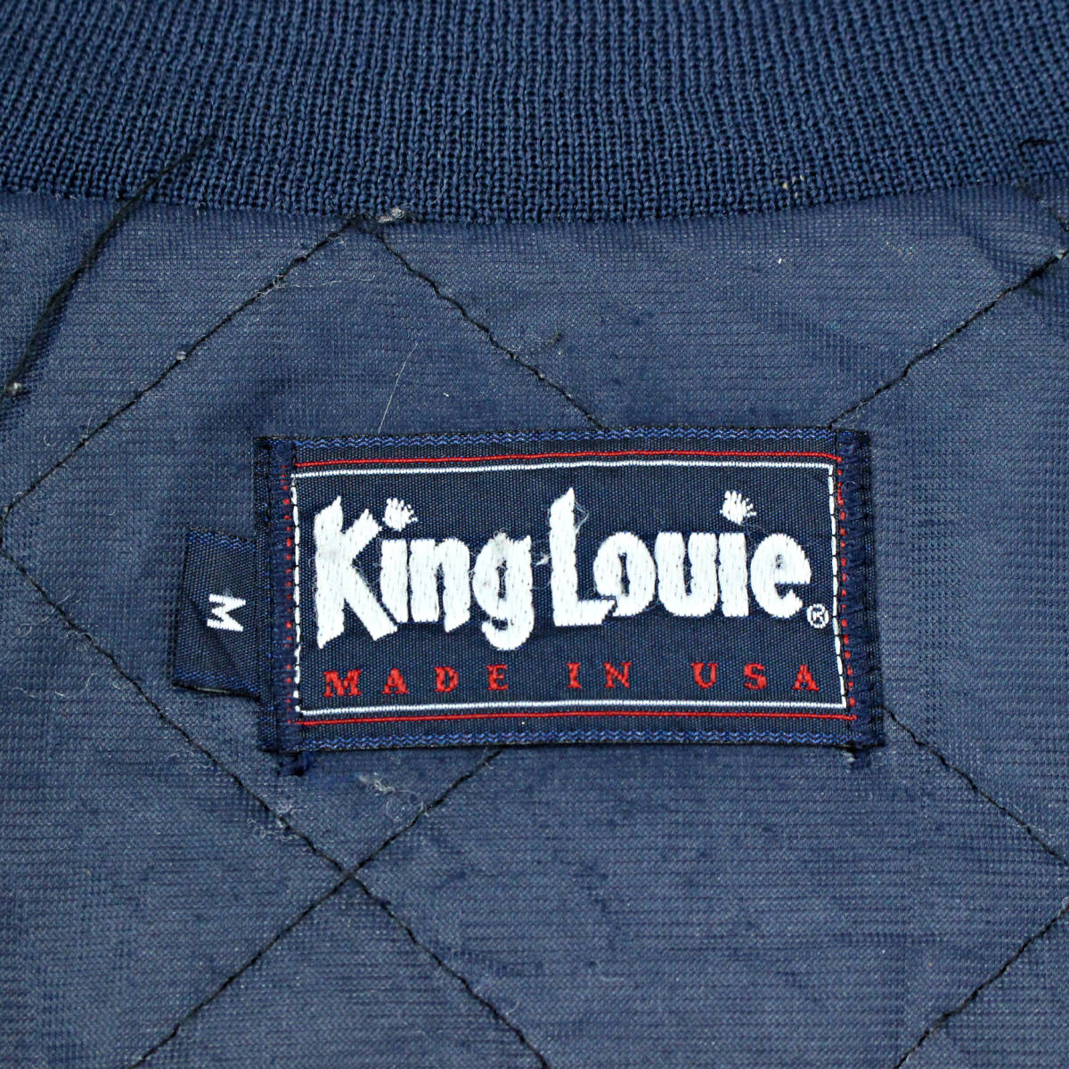 90s USA製 キングルイ KING LOUIE 企業ロゴ Lee刺しゅう ナイロンサテン スタジャン ブルゾン ネイビー ビンテージ アメリカ古着_画像7