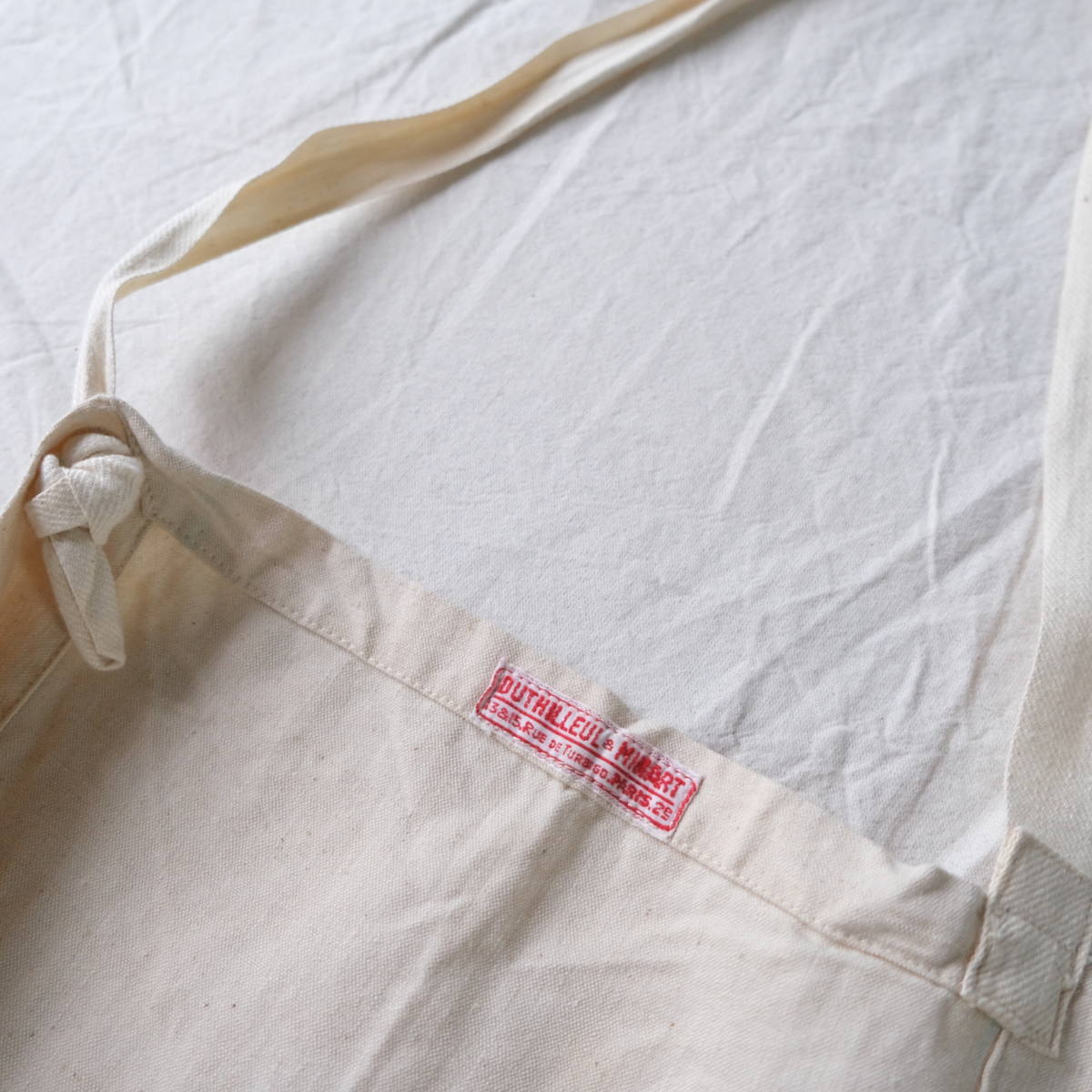 40s50s[ France Vintage ] cotton linemetis apron tag attaching / ecru unbleached cloth series / Europe Work cotton flax old clothes 