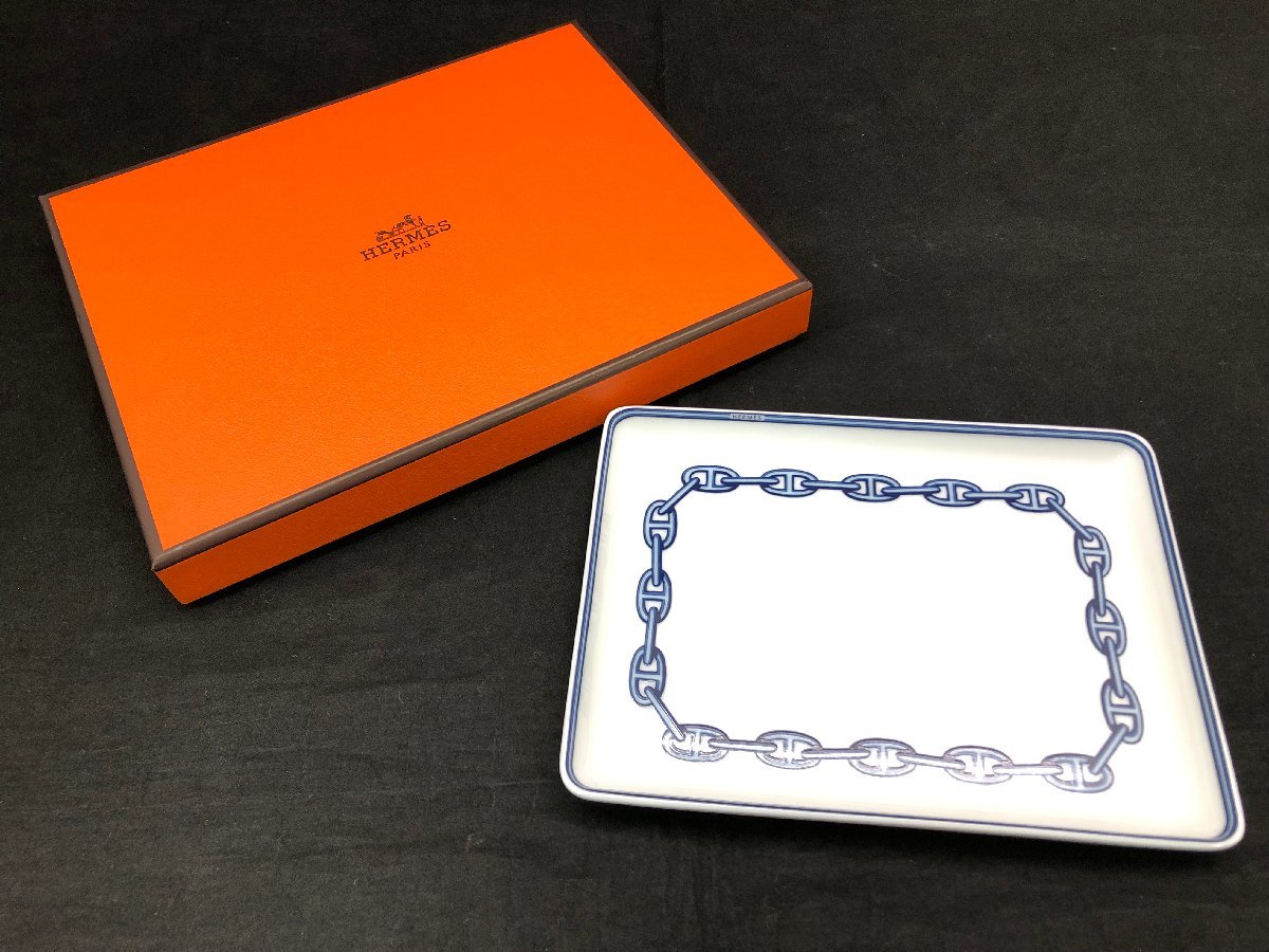 HERMES エルメス シェーヌダンクル プレート 陶磁器 ブルー 食器 箱 中古【UW110196】_画像1