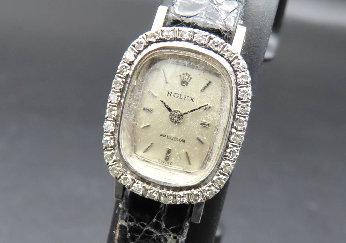 1円～! 稼動品 ROLEX ロレックス プレシジョン 18金 WG 金無垢 総重量14.8g 手巻き Cal.1800 ダイヤベゼル レディース腕時計 TTKLG3558_画像1