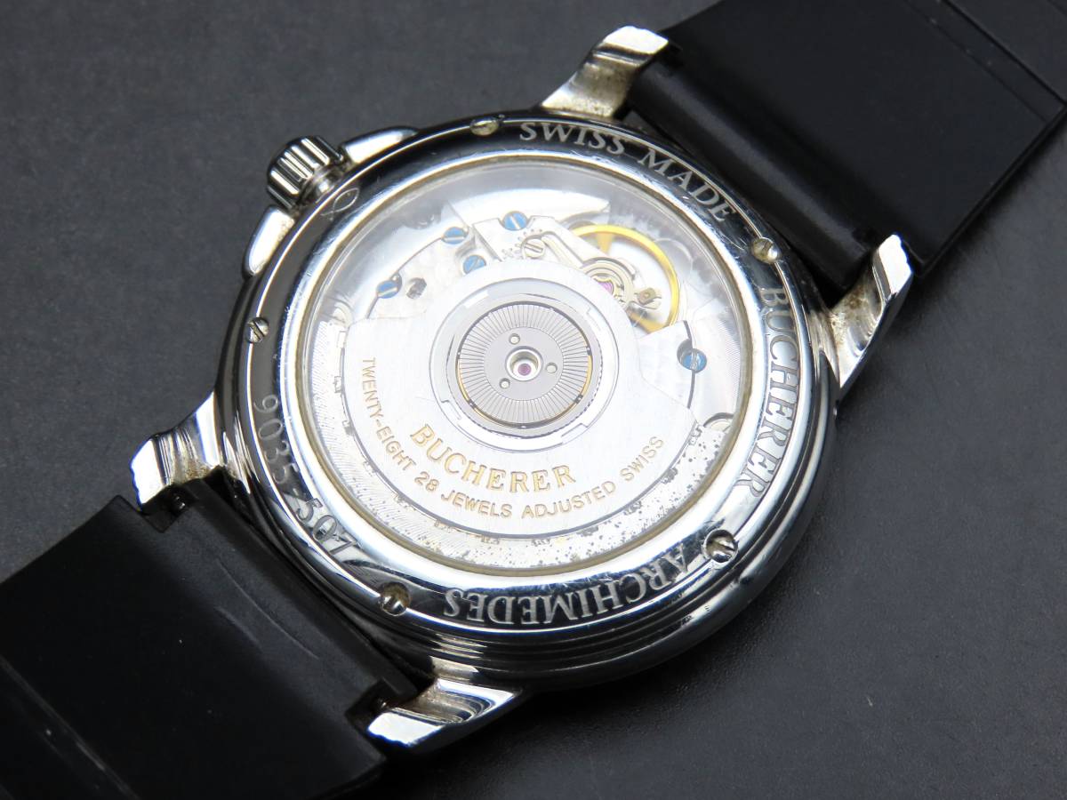 1円～! ジャンク品 稼働有★正規品 BUCHERER ブヘラ 9035-507 アルキメデス デュアルタイム パワーリザーブ 自動巻 メンズ腕時計 TTKLG3193_画像5