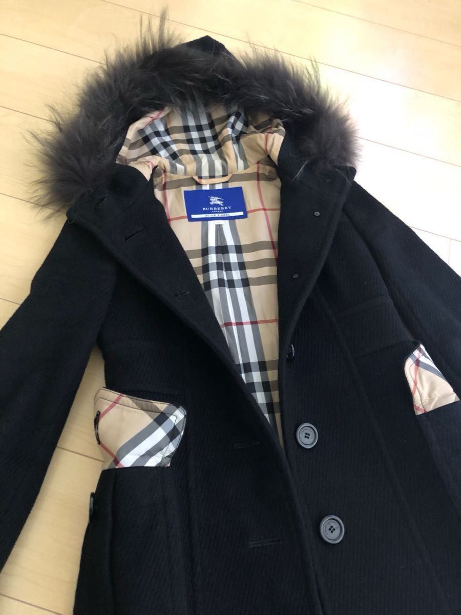 【クリーニング済】【美品】バーバリーブルーレーベル ノバチェック アンゴラ混コート黒　　BURBERRY