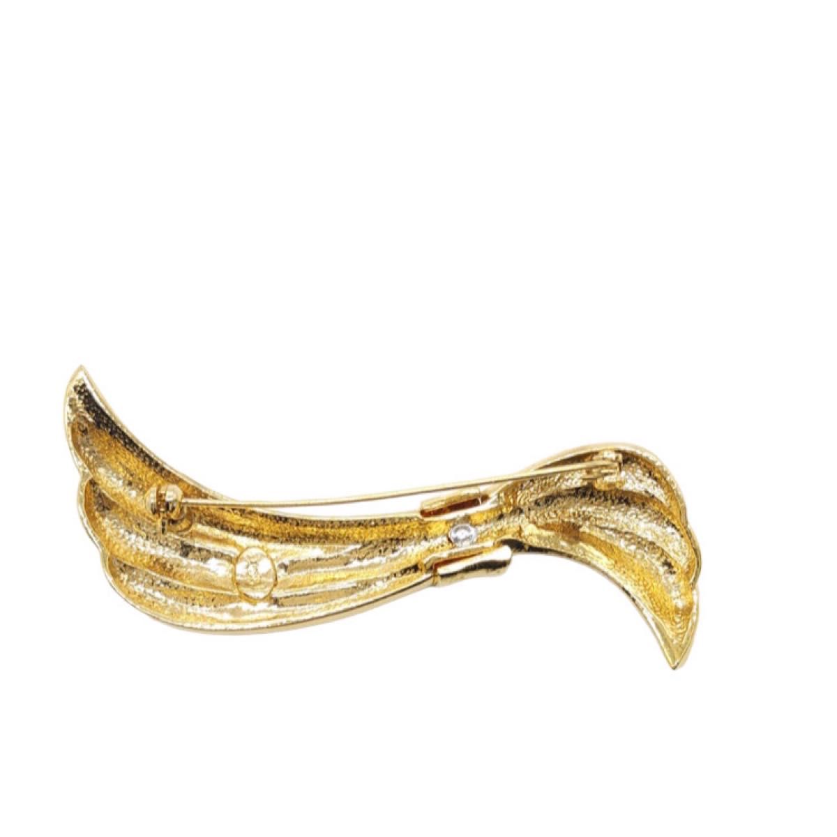 【美品】Yves Saint-Laurent アンティーク ブローチ　ゴールド　ヴィンテージ リボン　ダイヤ　スワロフスキー　