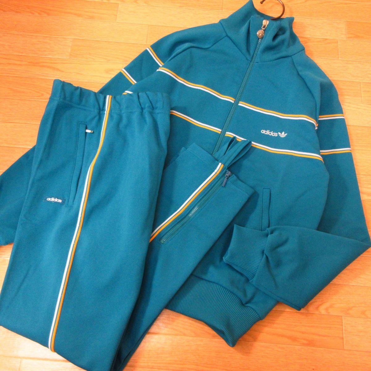 ◎希少 70s！adidas アディダス 150 上下セット ATS-190JF◆セットアップ ジャージ ヴィンテージ 西ドイツ◆キッズ 緑◆B2939_画像1