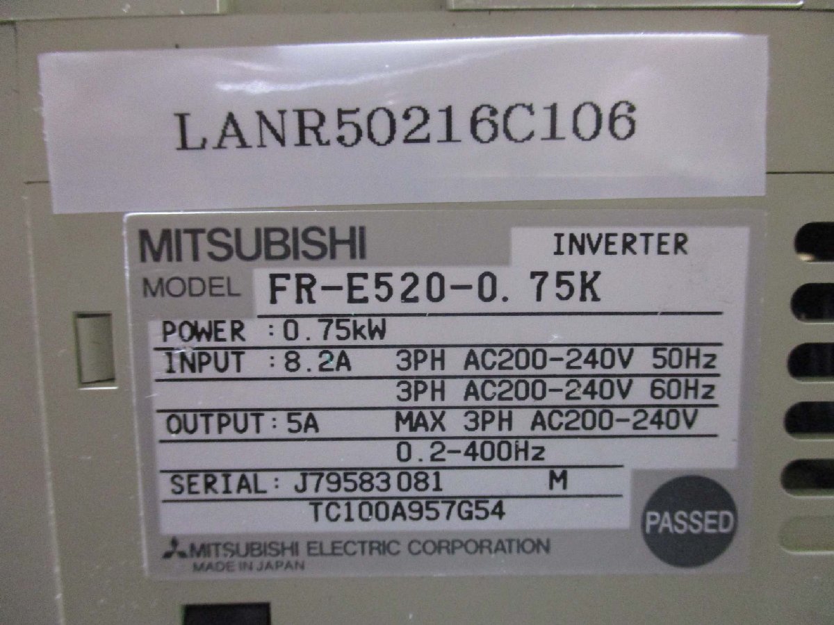 中古 MITSUBISHI INVERTER FR-E520-0.75K インバータ 200-240V 0.75kW(LANR50216C106)_画像3