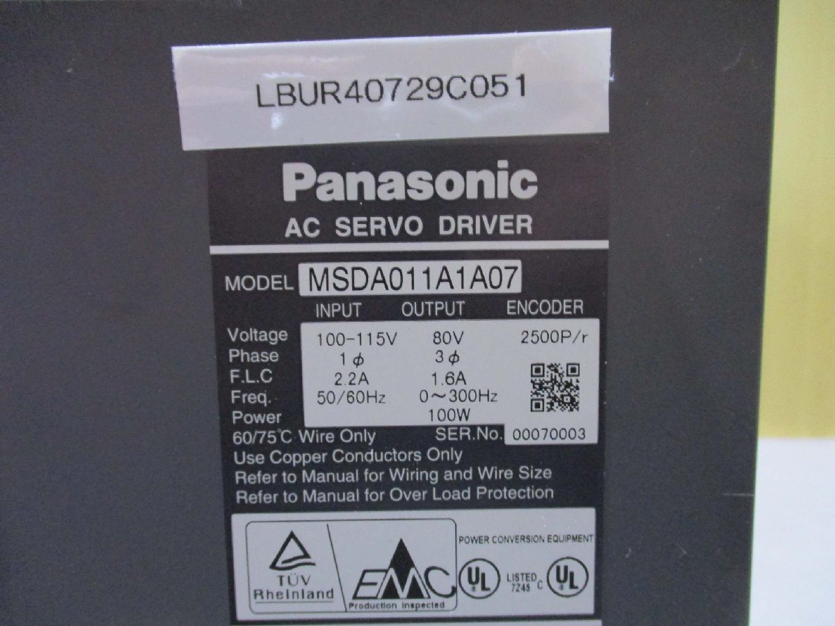 中古 Panasonic MSDA011A1A07 AC サーボ ドライブ 100W 100-115V 80V(LBUR40729C051)_画像5