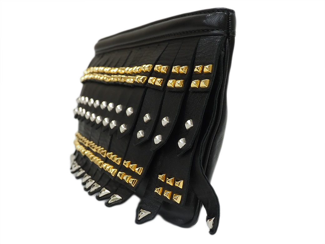  Prada leather fringe studs clutch bag black second bag BP606B lady's smaller PRADA used 