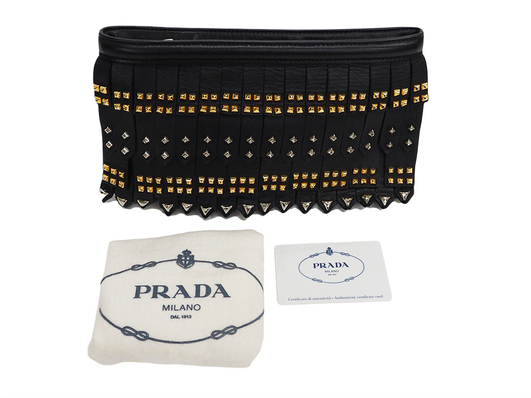  Prada leather fringe studs clutch bag black second bag BP606B lady's smaller PRADA used 