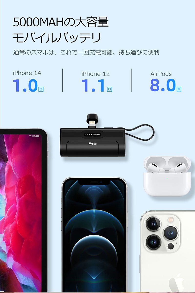 モバイルバッテリー 小型 軽量 ミニ iPhone ケーブル内蔵 直接充電 急速充電器 5000mAh ホワイト_画像5