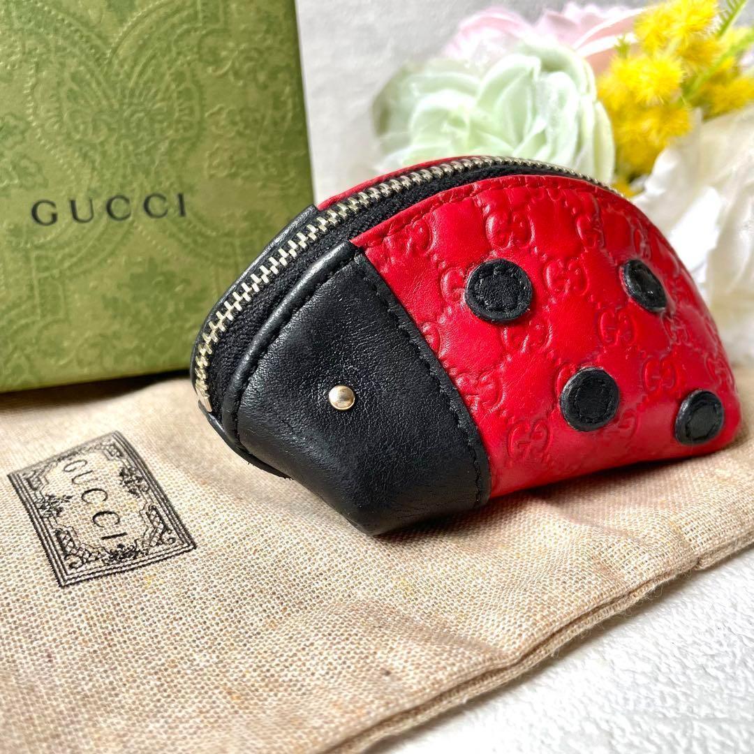 【希少/極美品】 GUCCI グッチ チルドレン てんとう虫 GG マイクロシマ コインケース 小銭入れ 財布 レザー 本革 ブラック レッド_画像1