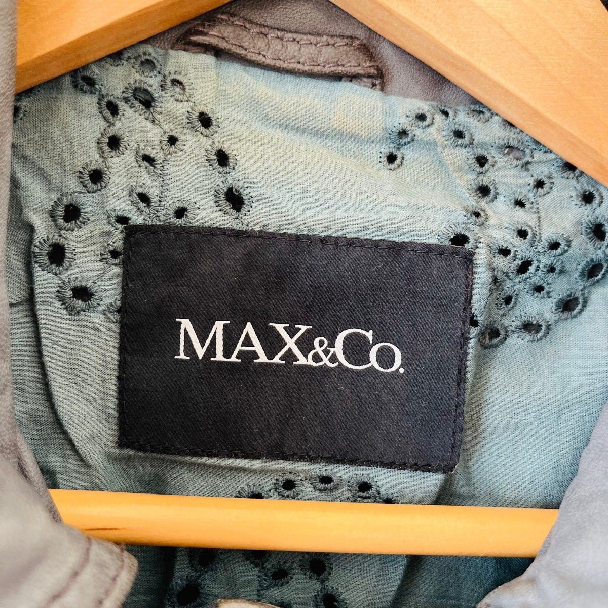 H5778cL Max&Co. マックスアンドコー サイズ42 (M位) レザージャケット 本革 羊革 ラム革 グレー レディース 革ジャン やわらかレザー 古着_画像7