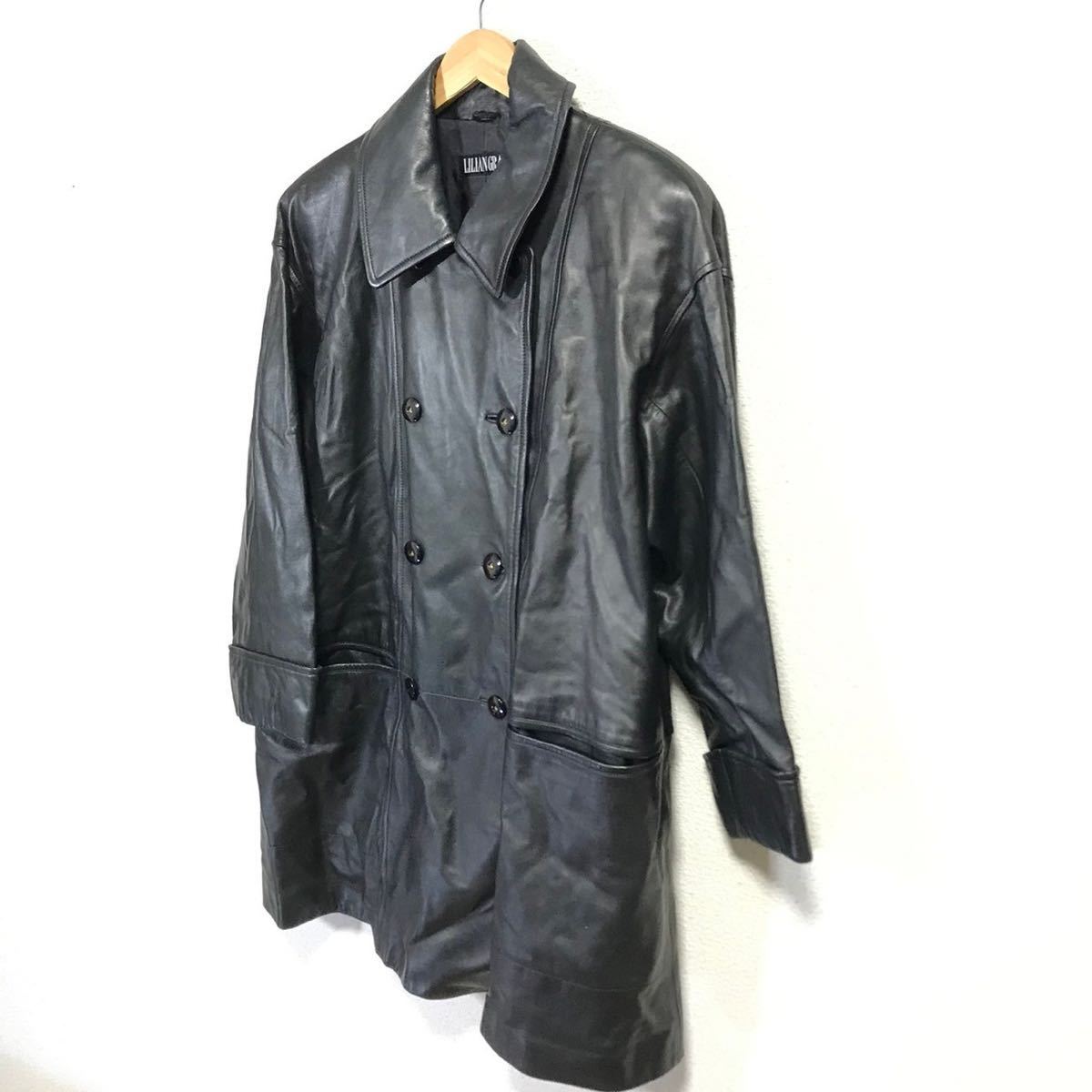 H5933dh made in Japan [LILIAN GRAY Lilian gray ] size 9 XL LL rank leather coat long leather jacket black lady's leather pea coat 