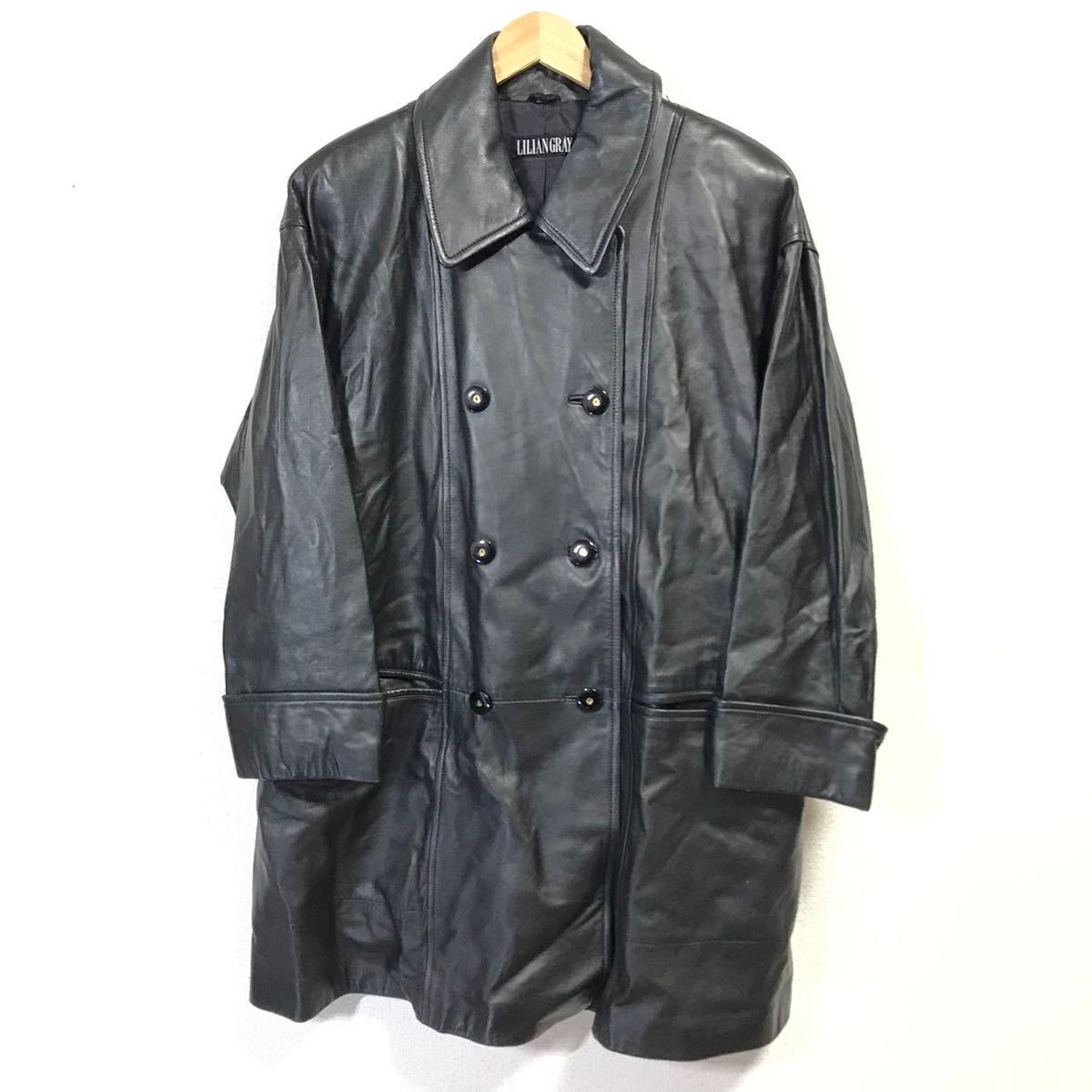 H5933dh made in Japan [LILIAN GRAY Lilian gray ] size 9 XL LL rank leather coat long leather jacket black lady's leather pea coat 