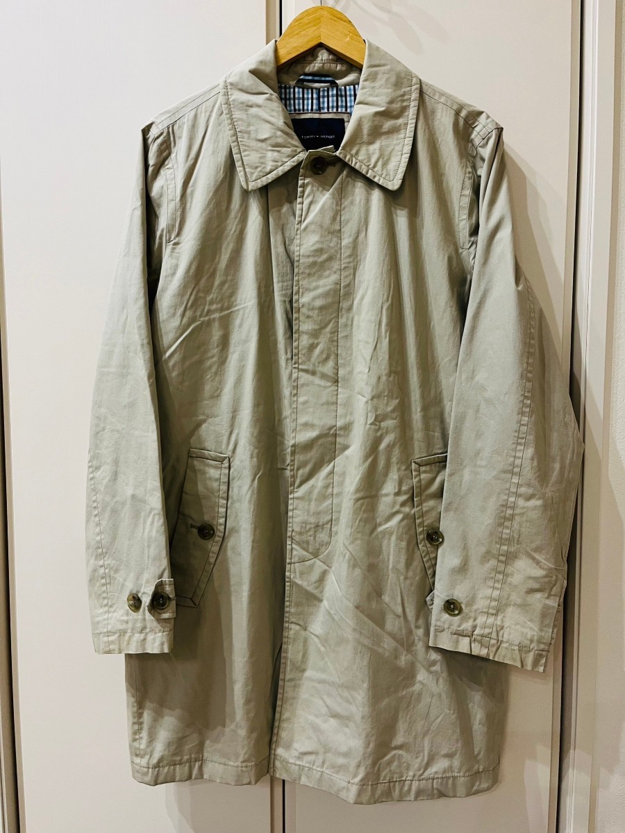 H6014cL TOMMY HILFIGER トミーヒルフィガー サイズS ステンカラーコート ロングコート ベージュ メンズ 薄手 Coat 裏地チェック柄 古着 _画像1