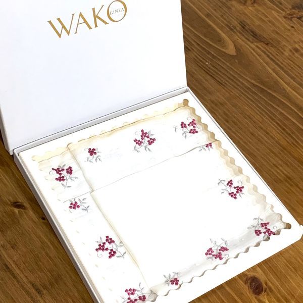 新品 未使用 GINZA WAKO 和光 ハンカチ ハンカチーフ レース 刺繍 花柄 ブランド ホワイト 白 繊細 可愛い おしゃれ シンプル 上品 箱付き_画像1