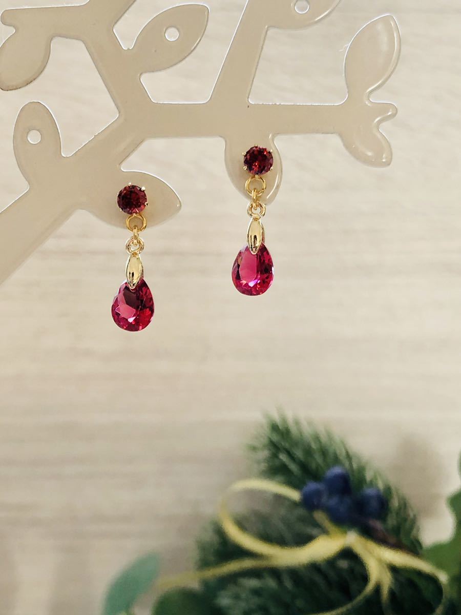 [ hand made ]CZ. Drop earrings [ ruby red ] surgical stainless steel earrings 