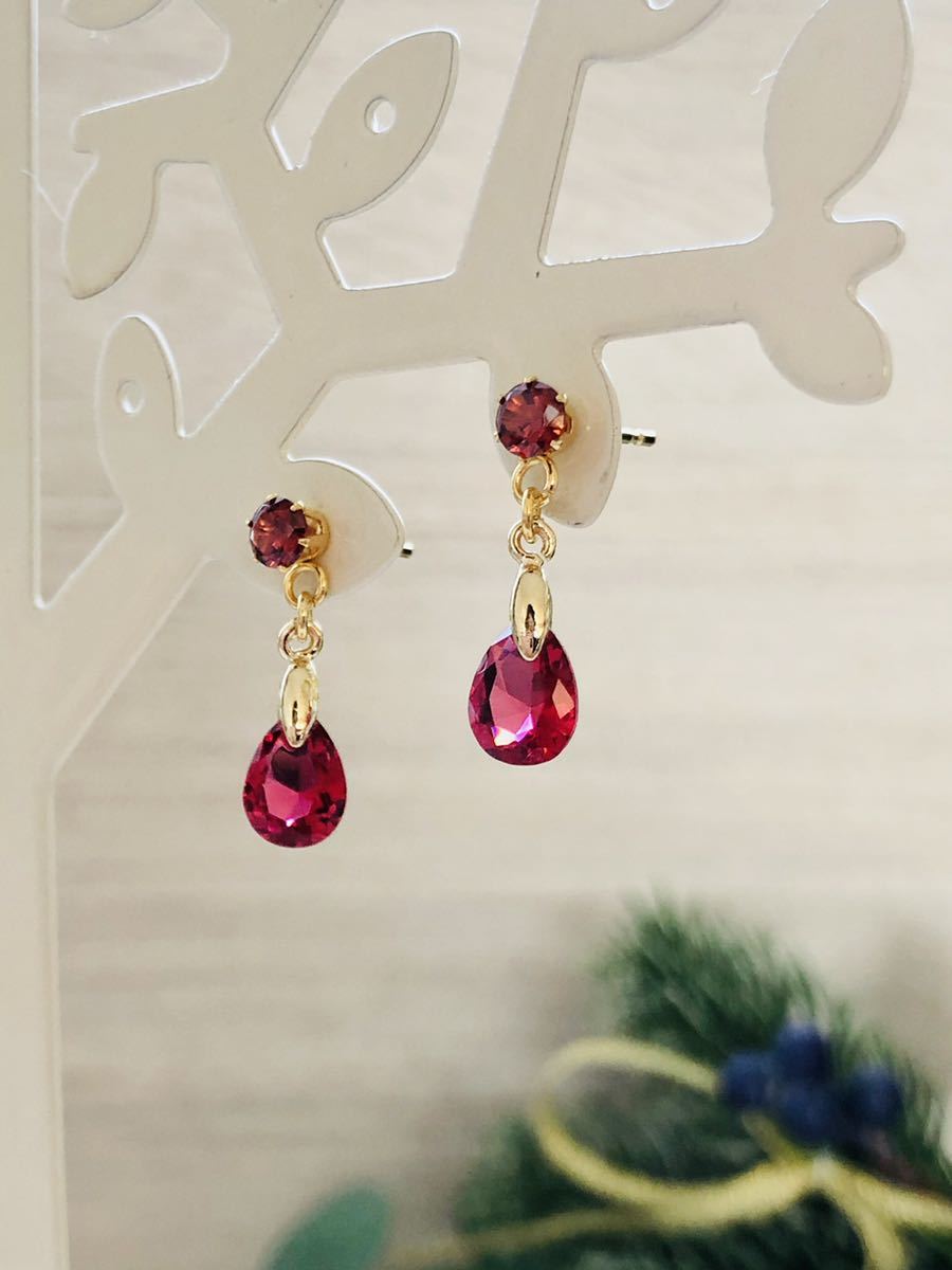 [ hand made ]CZ. Drop earrings [ ruby red ] surgical stainless steel earrings 