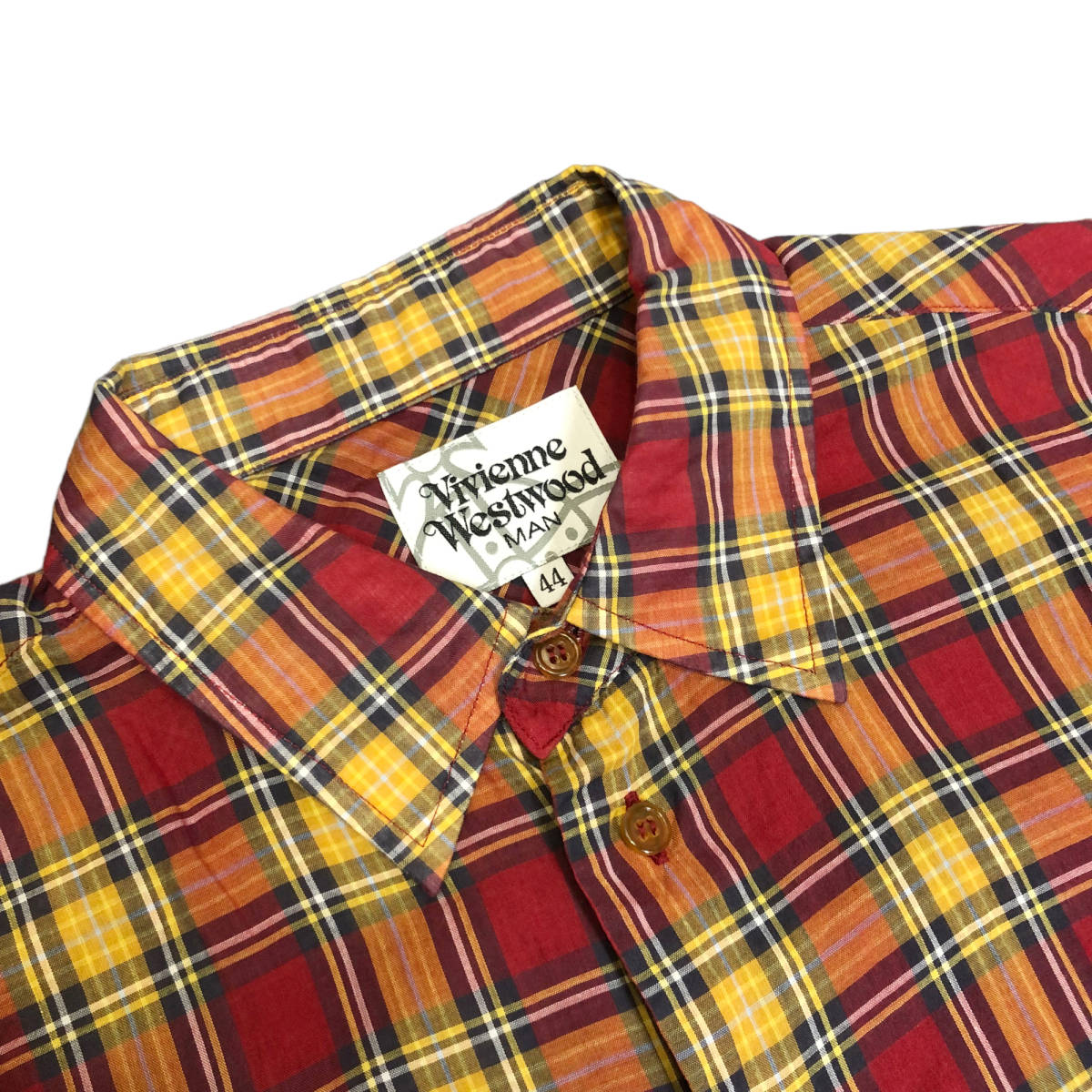 Vivienne Westwood MAN ヴィヴィアンウエストウッドマン チェック シャツ 半袖 オーブ 刺繍 44 赤 黄 コットン メンズ A17_画像4