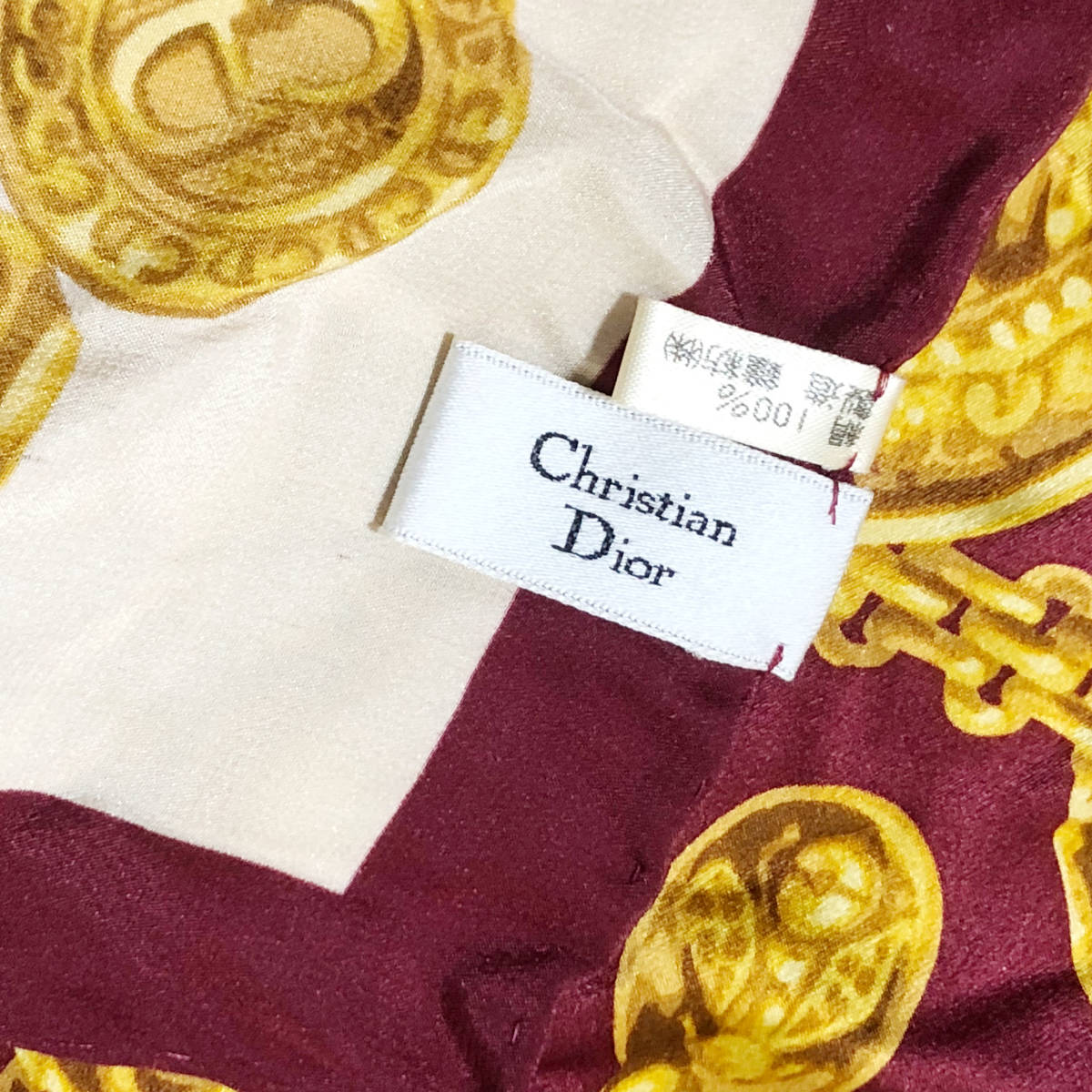 Christian Dior クリスチャンディオール 大判 スカーフ ショール チェーン柄 シルク ボルドー ゴールド ST3_画像6