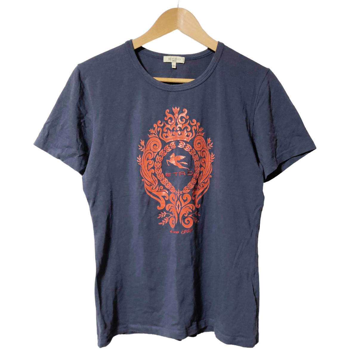 ETRO エトロ Tシャツ ロゴ 半袖 ストレッチ 48 ネイビー イタリア製 レディース A32_画像1