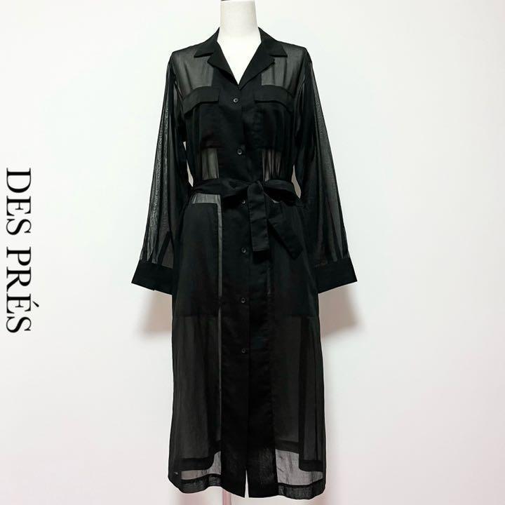 DES PRS デプレ ベルト付 ロング コットン シアー素材 シャツワンピース 黒 ブラック