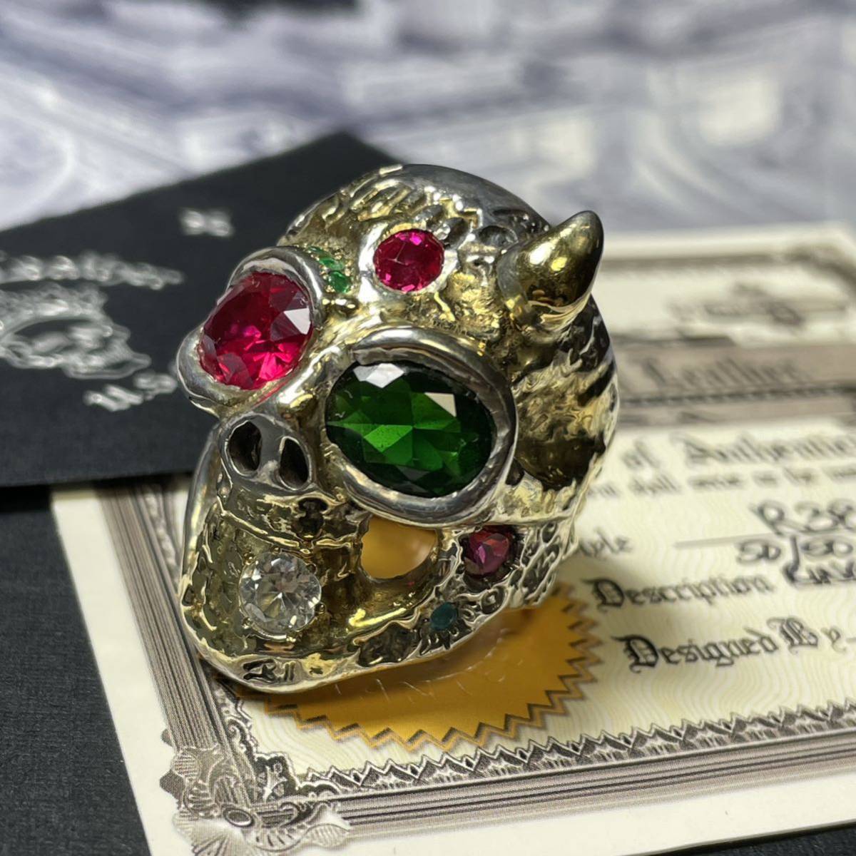  ビルウォールレザー 50/50 Master Skull Ring w/ Right Horn 50/50マスタースカルリングBWL R381 18kオーバーレイ【8種15石搭載】_画像9