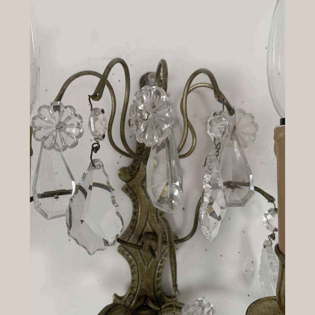 フランス 60s シャンデリア 2灯 キャンドル 壁掛け 照明 ウォール ブラケット E14 ソケット ガラス ライト 真鍮 ヴィンテージ アンティーク_画像4