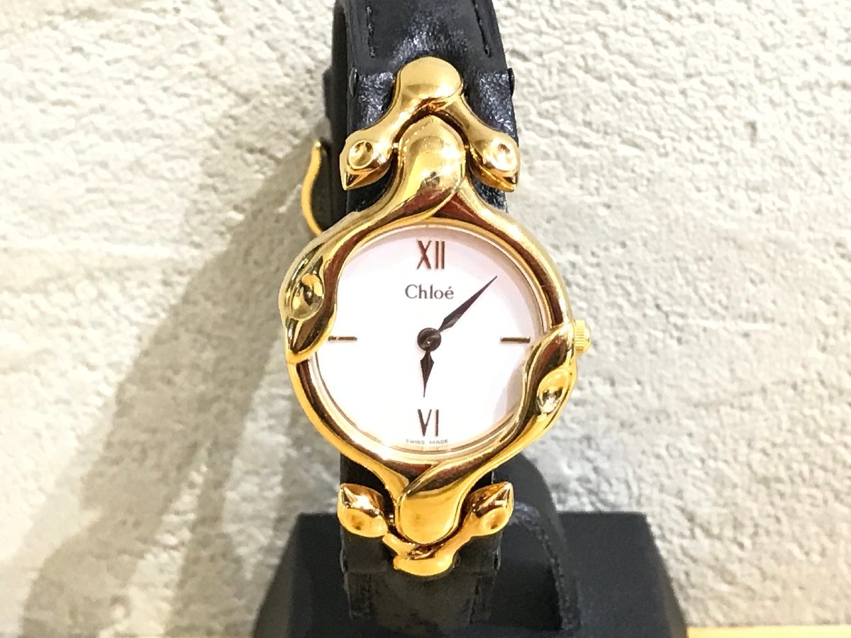 稼働品】 クロエ Chloe レディース 腕時計 18KT PLATED レザーベルト