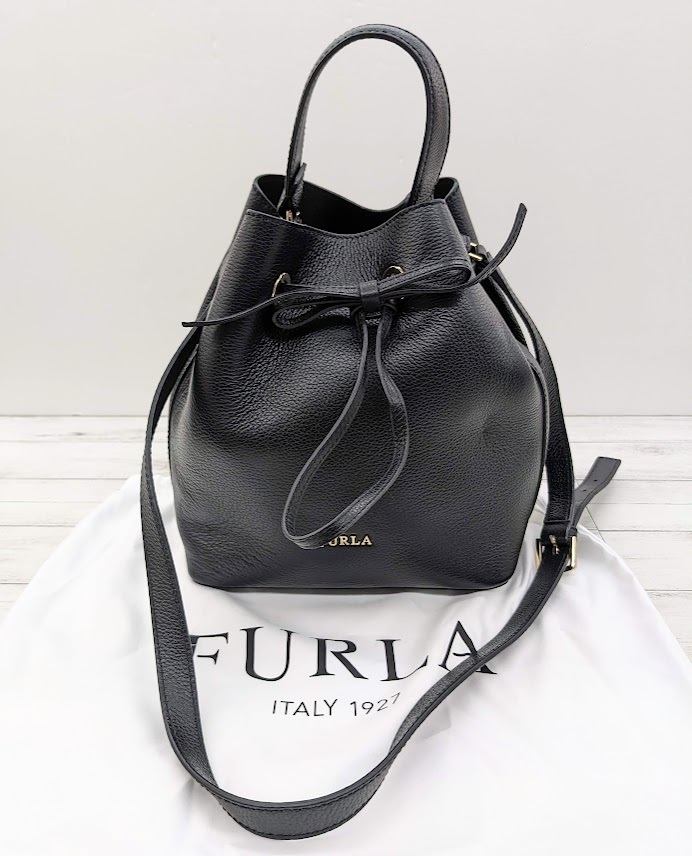  прекрасный товар FURLA Furla 2WAY сумка мешочек сумка ручная сумочка сумка на плечо кожа лента черный 