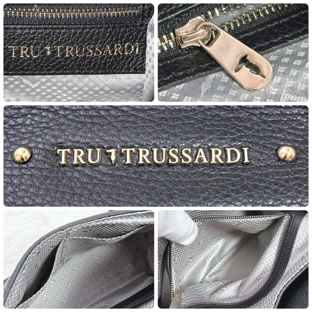 【美品】TRU TRUSSARDI トゥルー トラサルディ ハンドバッグ シボ革 ロゴ チャーム 保存袋有り 肘掛け 肩掛け レザー ブラック 黒_画像10