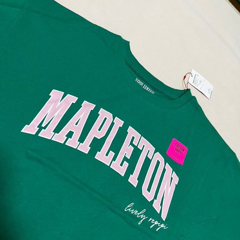新品　レピピ　repipi armario 　ショート丈　Tシャツ　Ｌサイズ　グリーン　緑　カレッジロゴ　ピンク2