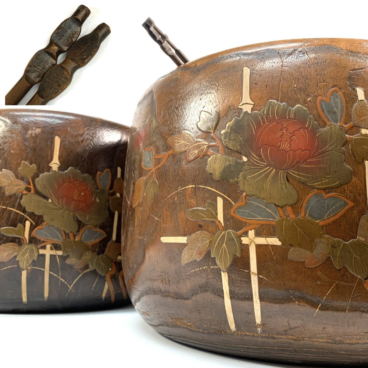 蒔絵木製火鉢 木製 刳り貫き 火鉢 内銅 重量1.6kg ×2個 高さ20cm 直径