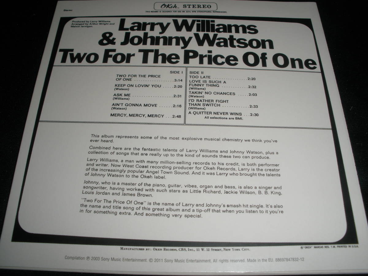 ラリー・ウィリアムズ ジョニー・ギター・ワトソン ブルース オリジナル 紙 Larry Williams Jojnny Watson Two For The Price Of One OKEH_ラリー・ウィリアムズ ジョニー・ワトソン